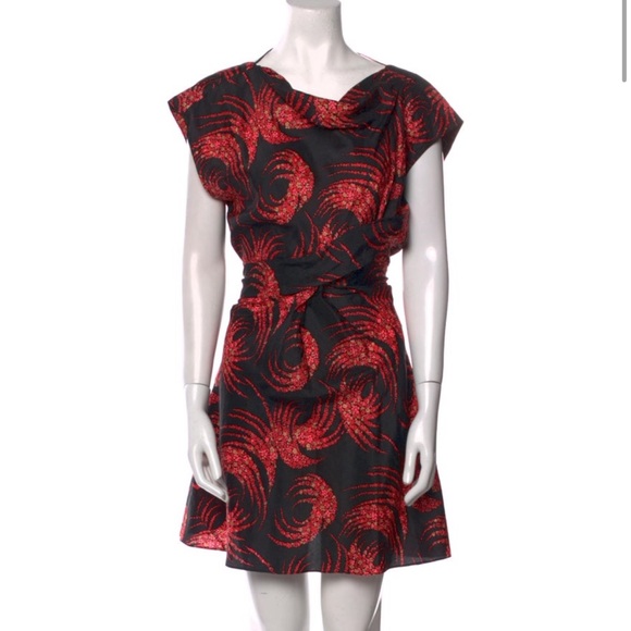 NWT Vanessa Bruno Silk A-Line Mini Dress Large Black Red US10 FR42 Pleated - Picture 1 of 6